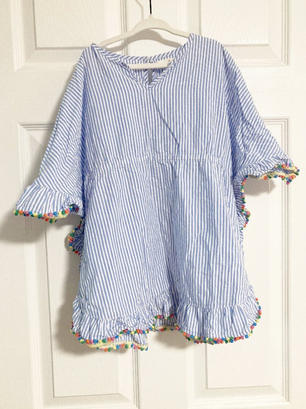 Mini Boden Pom Trim Poncho Kaftan Size 5-6 100% Cotton